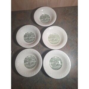 Set Of 5 Vtg Homer Laughlin Currier & Ives Bowl Green Pastoral USA Horses Wagon